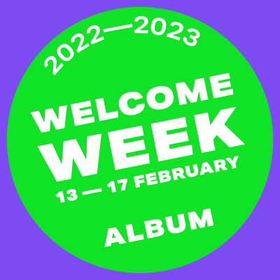 graphic image with the words welcome week and album and with a link to the album