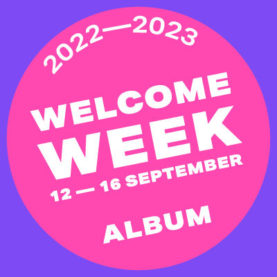 graphic image with the words welcome week and album and with a link to the albumlink
